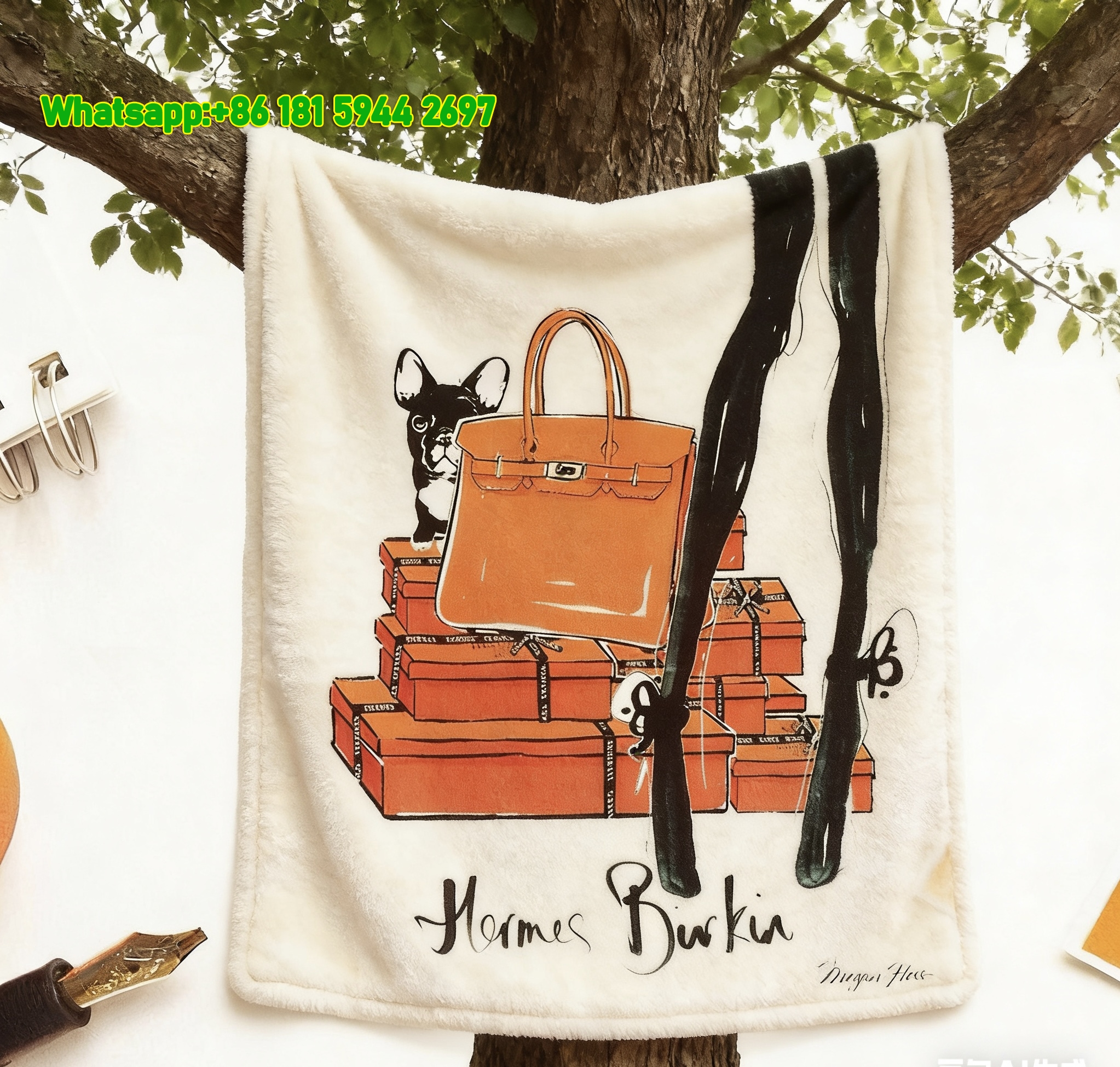 Hermès Orange Birkin & French Bulldog Flannel Fleece Throw Blanket IMG_5025